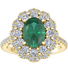 NEW Vintage Diamond Halo Engagement Ring with Oval Emerald in 14k Yellow Gold (7x5mm)