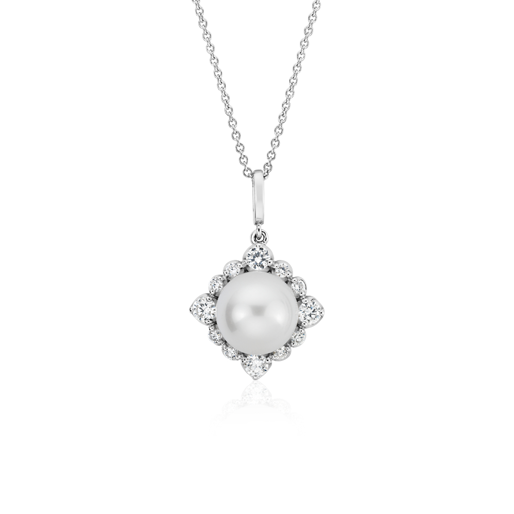 "Vintage-Inspired Freshwater Cultured Pearl Diamond Halo Pendant in 14k White Gold (8-8.5mm)"