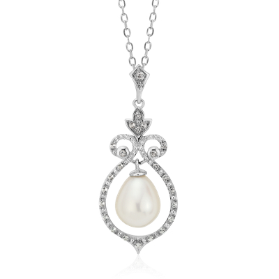 Vintage-Inspired Freshwater Cultured Pearl and White Topaz Pendant in