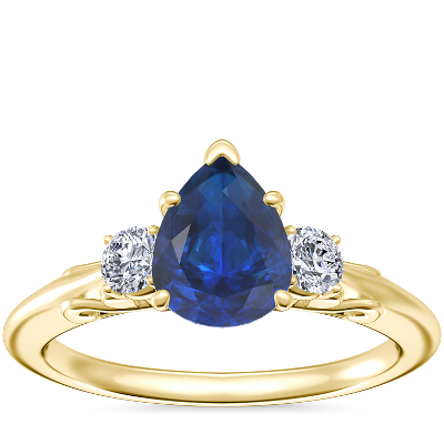 Vintage Three Stone Engagement Ring with Pear-Shaped Sapphire in 18k ...