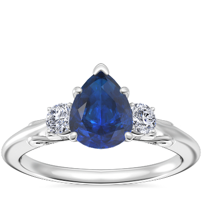 Vintage Three Stone Engagement Ring With Pear Shaped Sapphire In