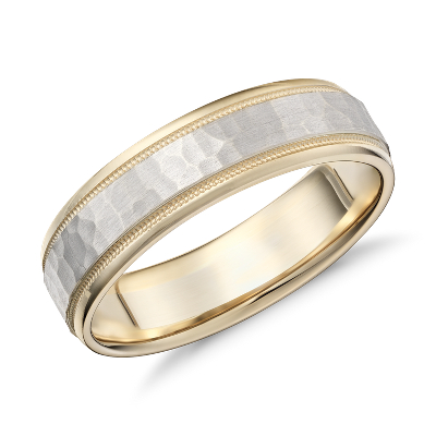 Hammered Milgrain Comfort Fit Wedding Ring In 14k Yellow And White Gold