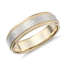 Hammered Milgrain Comfort Fit Wedding Ring in 14k Yellow and White Gold (6mm)