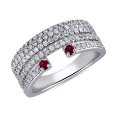NEW Three Row Stacked Open Round Ruby & Diamond Band in 14k White Gold