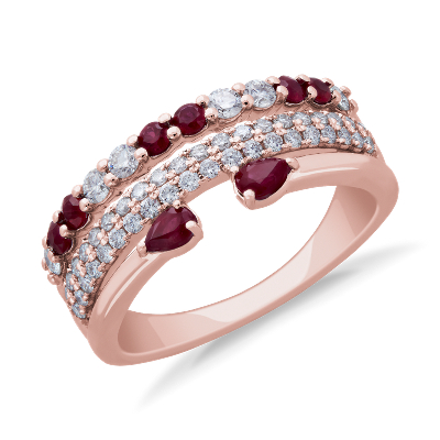 NUEVO. Anillo abierto de tres filas apiladas con pavé de diamantes y rubíes en forma de pera, en oro rosado de 14 k (0,41 qt total)
