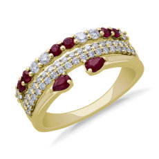 3-Row Stacked Ruby Open Pear and Pavé Diamond Ring in 14k Yellow Gold (0.41 ct. tw.)