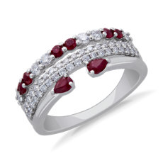 NEW 3-Row Stacked Ruby Open Pear and Pave Diamond Ring in Platinum (3/8 ct. tw.)