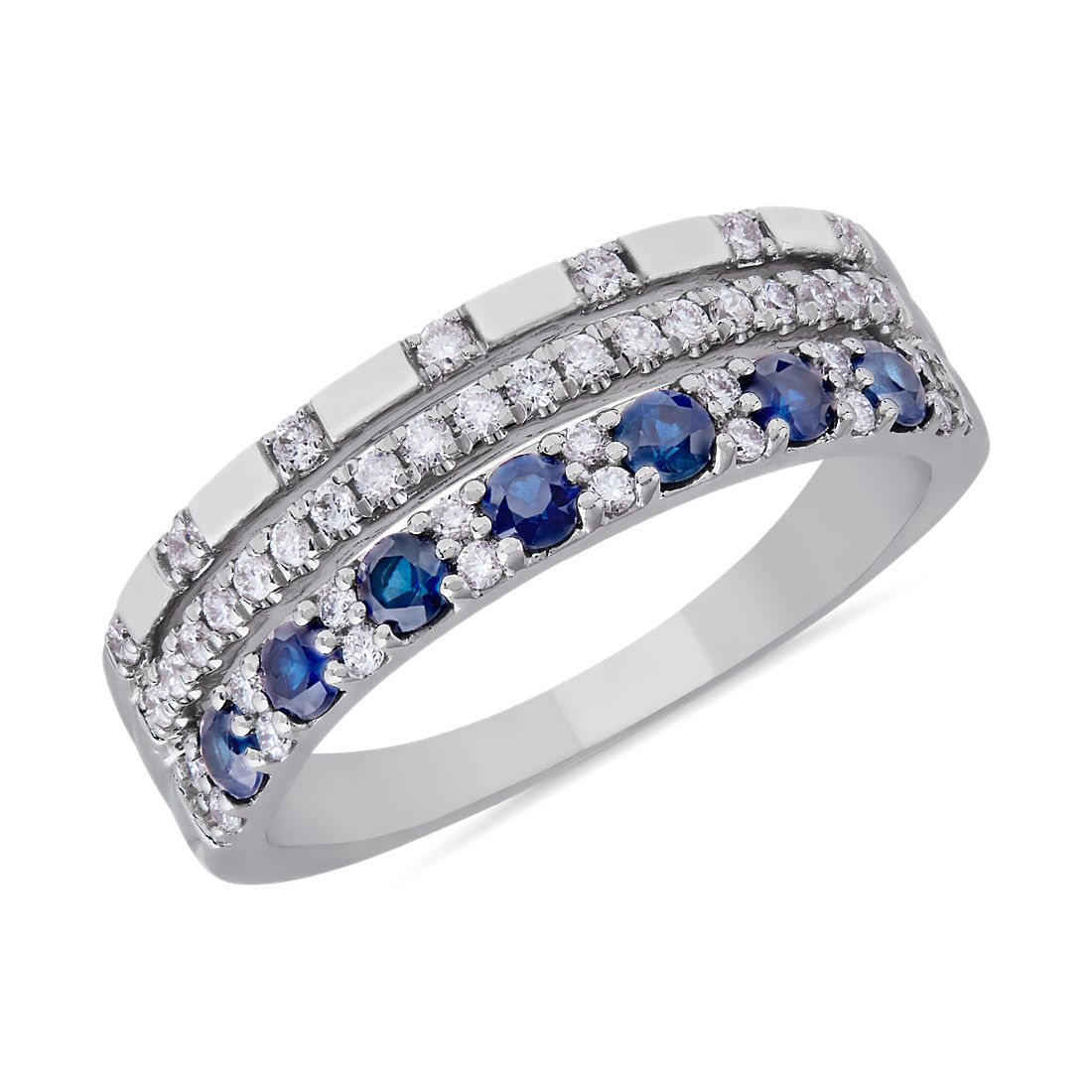 Three Row Stacked Sapphire and Pavé Diamond Ring in 14k White Gold