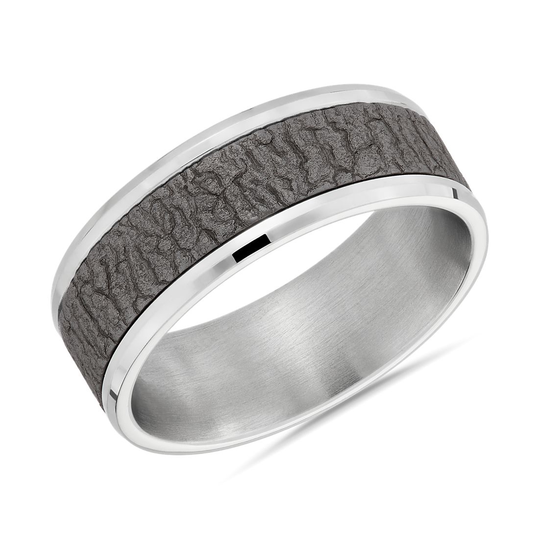 Bark Inlay Wedding Ring in 14k White Gold and Grey Tantalum (8 mm)