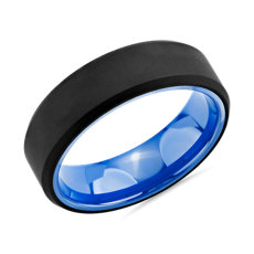 黑色斜边结婚戒指，钨及蓝色陶瓷 （7 毫米）