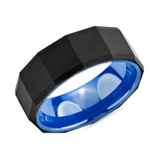 Black Faceted Wedding Ring in Tungsten and Blue Ceramic (8 mm)