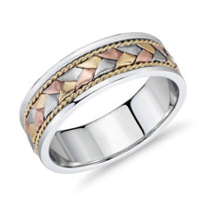 14k 白金、黄金和玫瑰金三色辫式绳状结婚戒指（7 毫米）