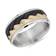 新款 14K 白金和黃金雙色編織鋸齒結婚戒指與黑色鈦金（9 毫米）