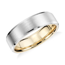 哑光斜边铂金和 18K 黄金结婚戒指（6 毫米）