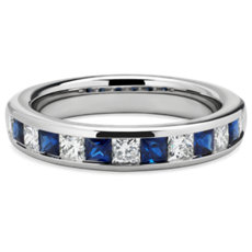 NEW Channel Set Princess Diamond and Blue Sapphire Ring in Platinum (2 mm)