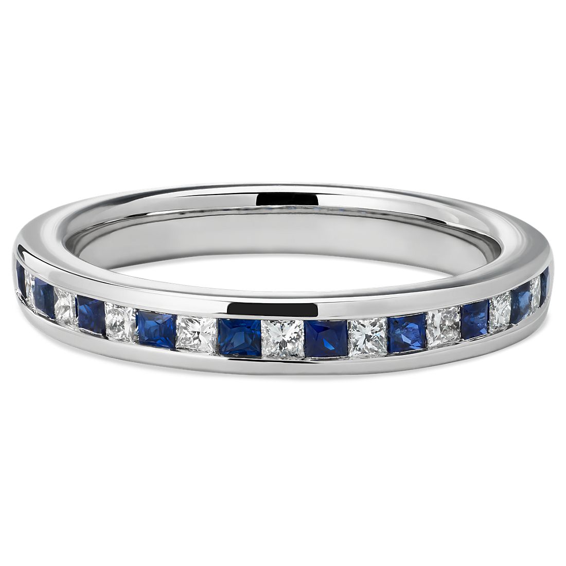 Channel Set Princess Diamond and Blue Sapphire Ring in Platinum (1.5 mm)