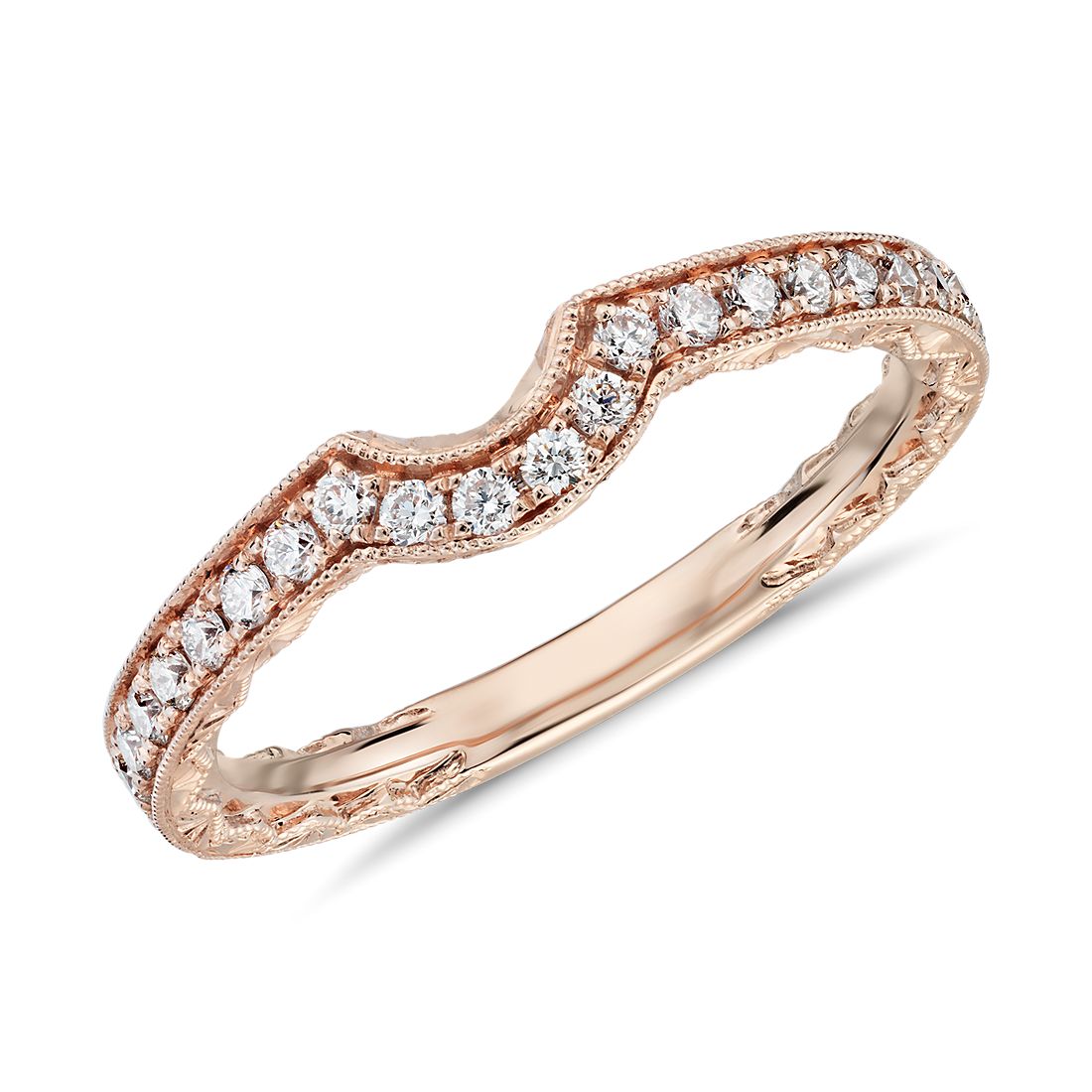 Anillo de bodas con perfil curvo grabado, milgrain y diamantes en oro rosado de 14 k (1/4 qt. total)