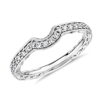 Curved Diamond and Milgrain Engraved Profile Wedding Ring in 14k White Gold (0.26 ct. tw.)