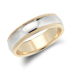 Double Milgrain Comfort Fit Wedding Ring in 14k White and Yellow Gold (6mm)