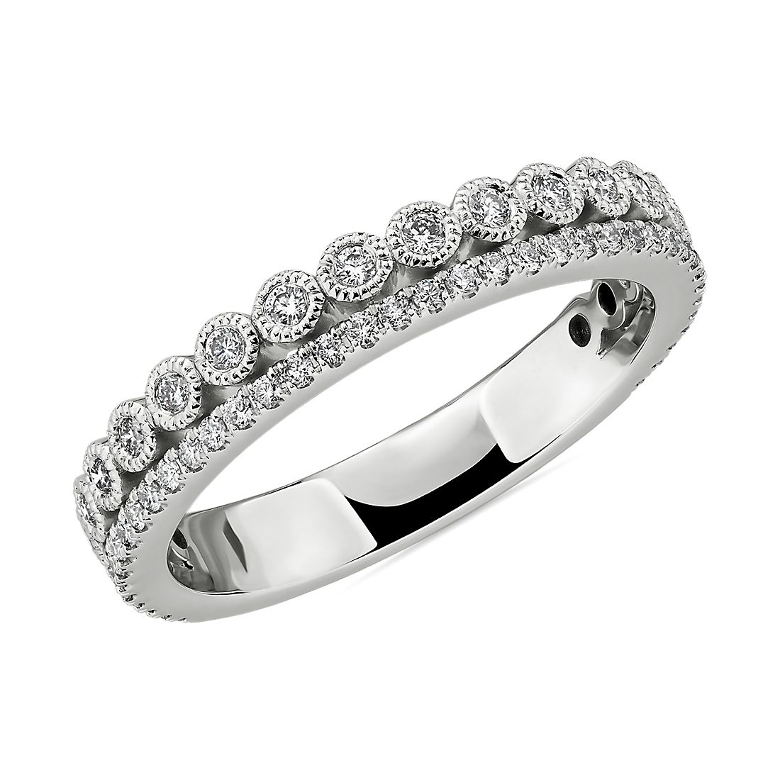14k 白金双排式密钉和锯状滚边包边镶钻石结婚戒指（3/8 克拉总重量）