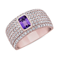 新款 14k 玫瑰金綠寶石形包邊鑲紫水晶密釘鑽石戒指 （1 克拉總重量）