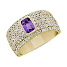 新款 14k 黃金綠寶石形包邊鑲紫水晶密釘鑽石戒指 （1 克拉總重量）