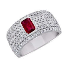 Emerald Shape Bezel Set Ruby Pave Ring in 14k White Gold (1 ct. tw.)