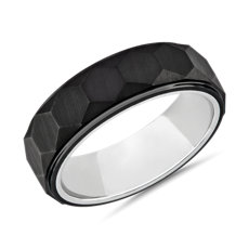 NEW Step Edge Faceted Hexagon Centre Wedding Ring in Black & White Tungsten (7 mm)
