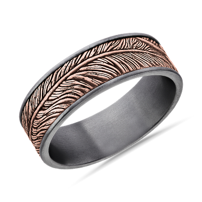Feather Wedding Ring in 14k Rose Gold and Tantalum Edge (7.5 mm) Blue
