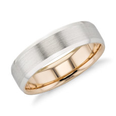铂金与 18k 玫瑰金哑光斜边结婚戒指（6 毫米） 