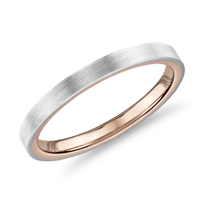 Matte Two Tone Comfort Fit Wedding Ring In 14k White And Rose Gold 2mm