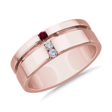 NEW Men's Diamond and Ruby Grooved Wedding Ring in 14k Rose Gold (7.5 mm)