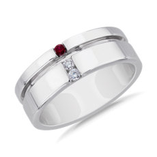 NEW Men's Diamond and Ruby Grooved Wedding Ring in 14k White Gold (7.5 mm)