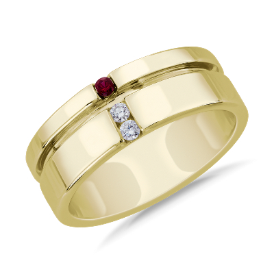 Men's Diamond and Ruby Grooved Wedding Ring in 14k Yellow Gold (7.5 mm