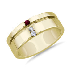 NEW Men's Diamond and Ruby Grooved Wedding Ring in 14k Yellow Gold (7.5 mm)