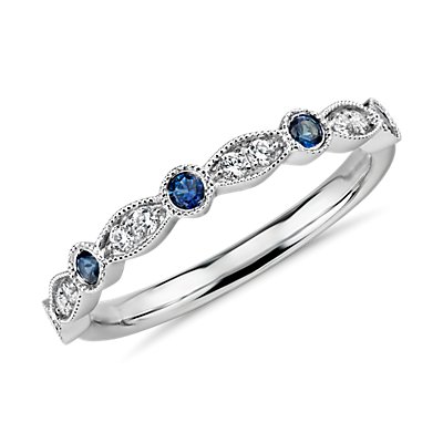 Milgrain Marquise Diamond and Sapphire Ring in 14k White Gold (1/10 ct. tw.)