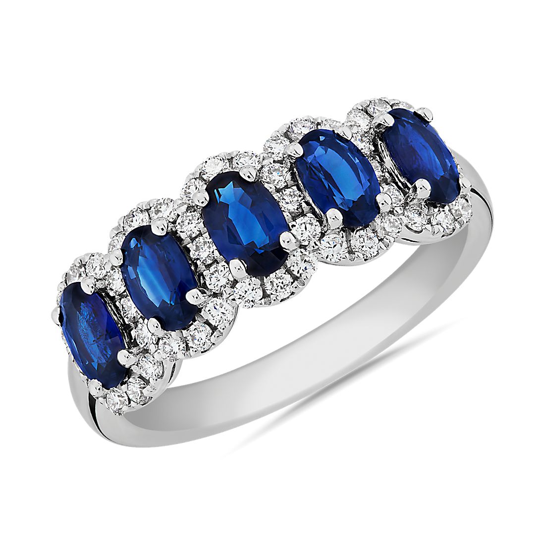 Oval Sapphire Halo Anniversary Ring in 14k White Gold (5x3mm)
