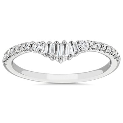 Petite Curved Baguette and Pavé Diamond Wedding Ring in 14k White Gold (1/4 ct. tw.)