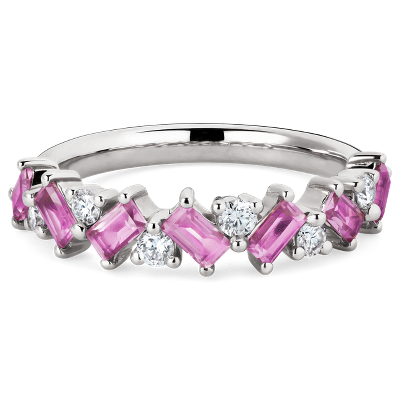 NEW Romantic Emerald Pink Sapphire and Diamond Ring in 14k White Gold