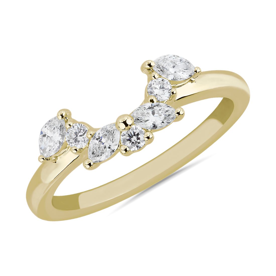 Anillo romántico y curvo con semihalo de diamantes de talla marquesa en oro amarillo de 14 k (1/3 qt. total)