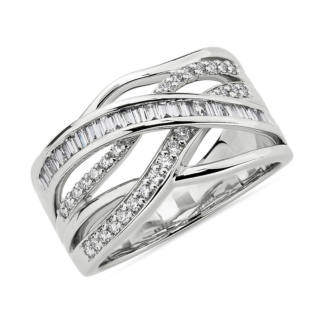 Round and Baguette Diamond Crossover Fashion Ring in 14k White Gold (1/2 ct. tw.)