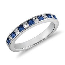 14k 白金槽镶公主方形蓝宝石及钻石戒指