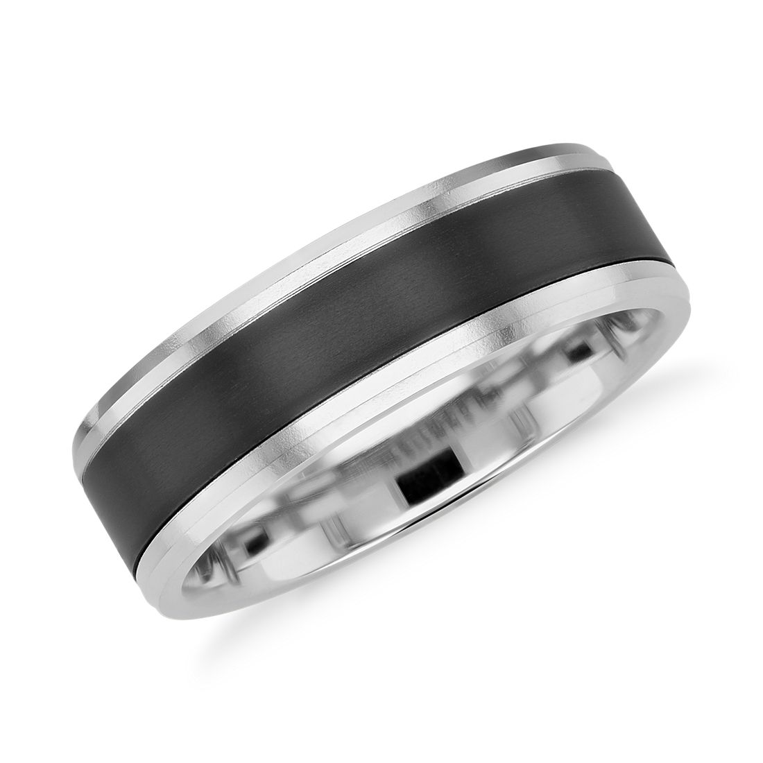 Satin Finish Wedding Ring in Black Titanium and 14k White Gold (7 mm)