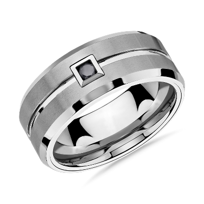 Calma Avanzar reloj Anillo de bodas con un diamante negro en Carburo de tungsteno blanco (9 mm,  1/10 qt. total) | Blue Nile PR