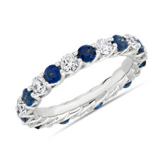 14k 白金相間排列藍寶石與鑽石編織永恆戒指（2.8 毫米）