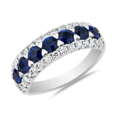 Three Row V-Claw French Pavé Sapphire and Diamond Band in 14k White Gold