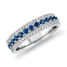 14k 白金三排藍寶石鑽石戒指（1/3 克拉總重量）