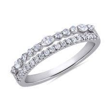 新款 14k 白金雙排圓形與欖尖形鑽石層疊戒指 （1/3 克拉總重量）