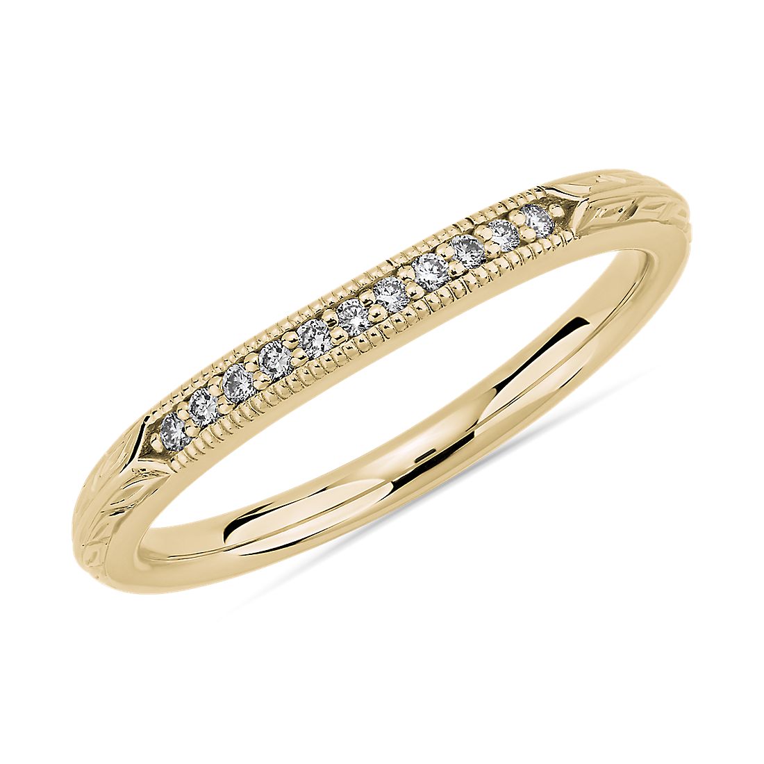 Vintage Hand Engraved Diamond Wedding Ring in 14k Yellow Gold