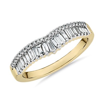 14k 金 ZAC ZAC POSEN 长方形钻石和密钉钻石皇冠曲形结婚戒指(2 毫米、3/8 克拉总重量)